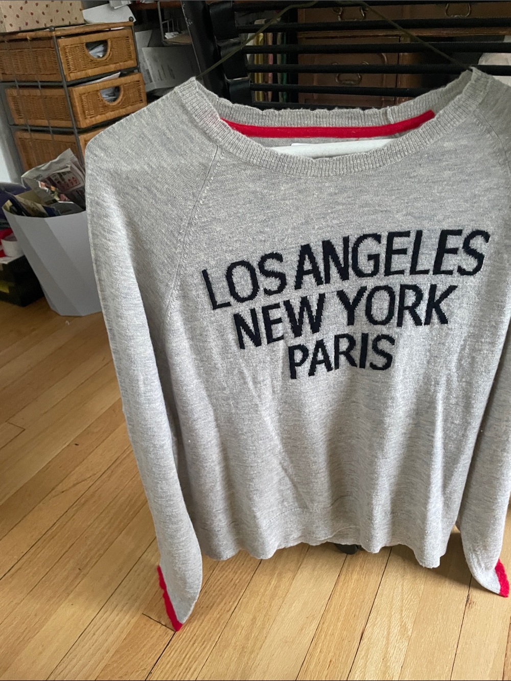 Sundry Gray women cashmere Crewneck Sweatshirt with Navy City Text and Red Trim